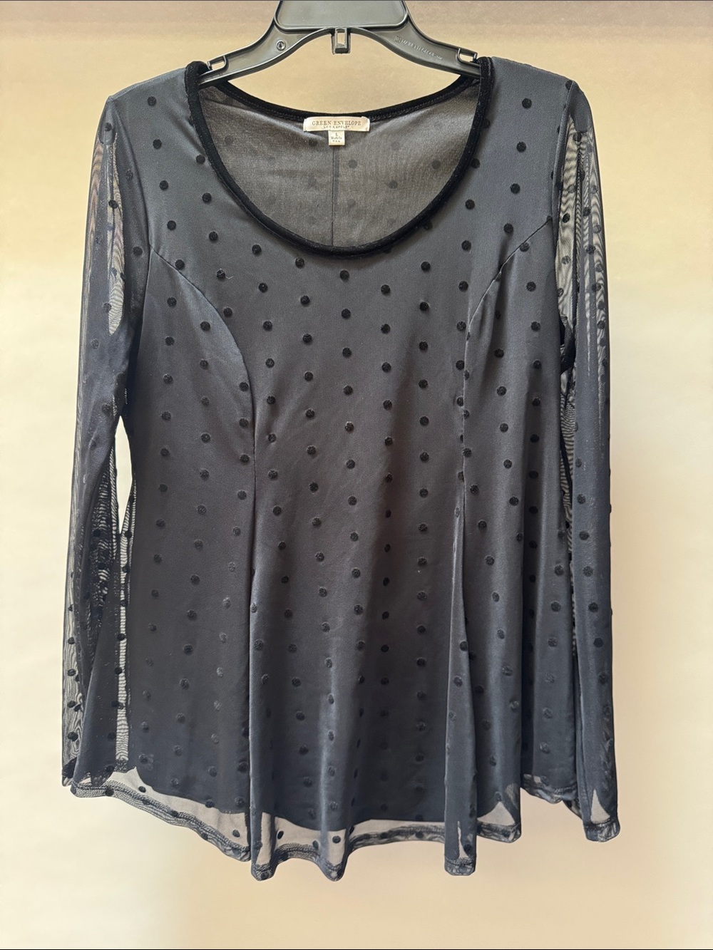 Green Envelope Black Sheer Dotted Mesh Long Sleeve Top
